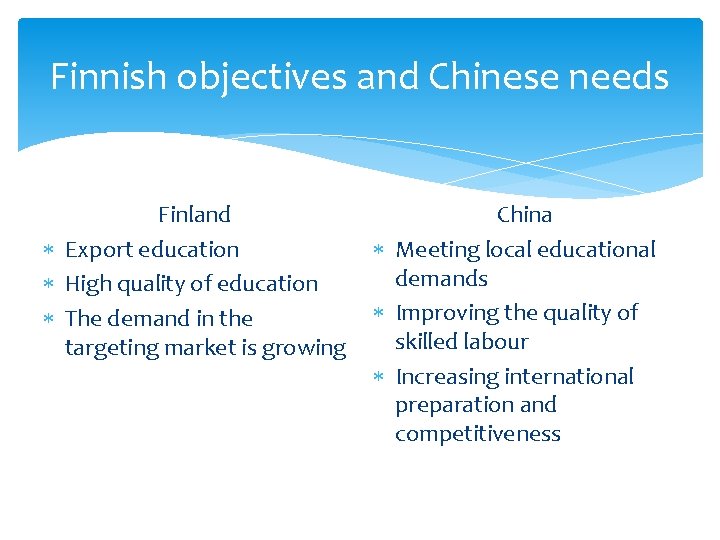 Finnish objectives and Chinese needs Finland Export education High quality of education The demand