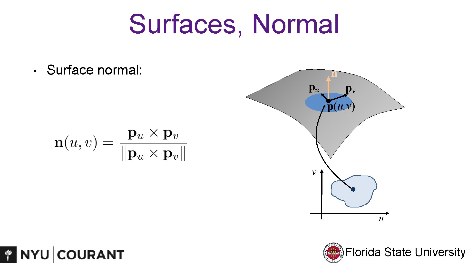 Surfaces, Normal • Surface normal: n pu pv p(u, v) v u Florida State