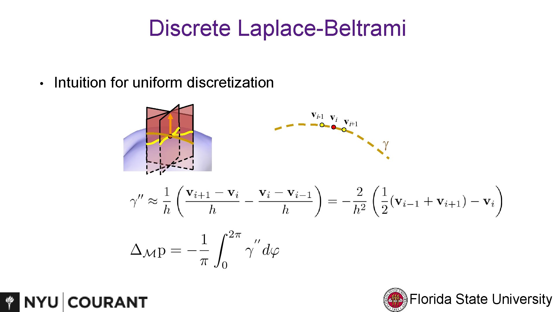 Discrete Laplace-Beltrami • Intuition for uniform discretization vi-1 vi vi+1 g Florida State University