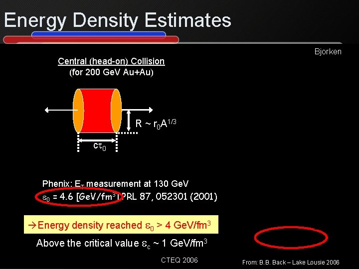 Energy Density Estimates Bjorken Central (head-on) Collision (for 200 Ge. V Au+Au) R ~