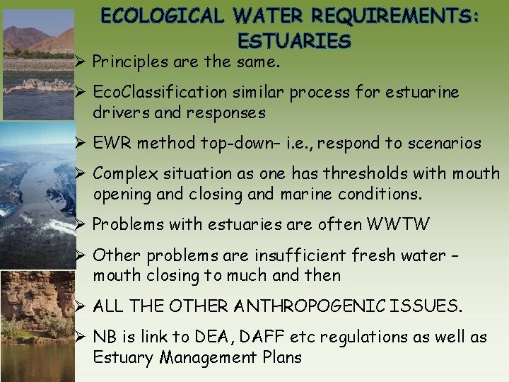 ECOLOGICAL WATER REQUIREMENTS: ESTUARIES Ø Principles are the same. Ø Eco. Classification similar process