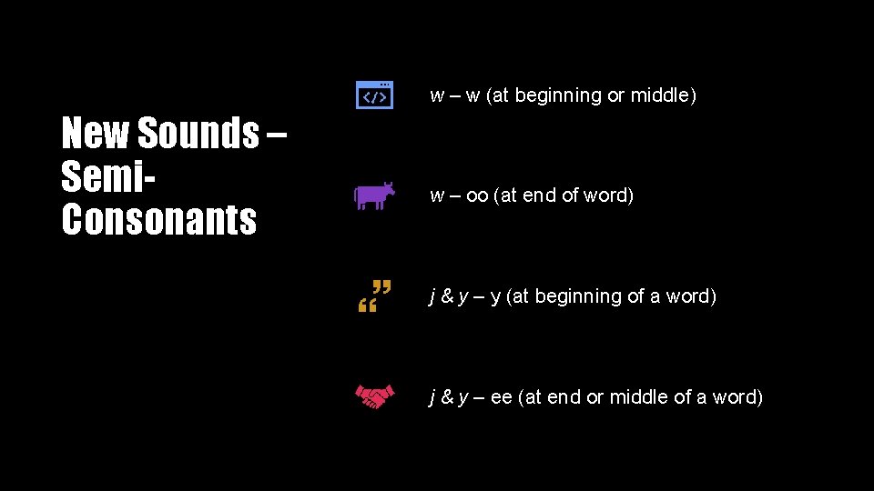 w – w (at beginning or middle) New Sounds – Semi. Consonants w –