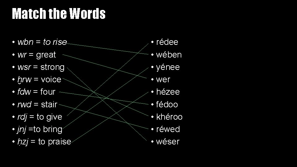 Match the Words • wbn = to rise • wr = great • wsr