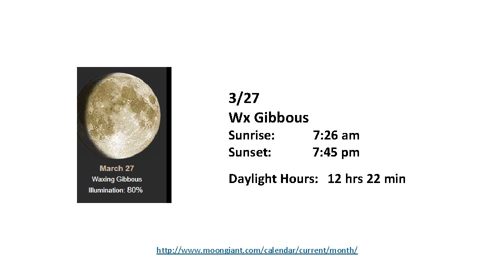 3/27 Wx Gibbous Sunrise: Sunset: 7: 26 am 7: 45 pm Daylight Hours: 12