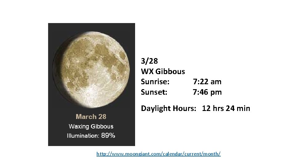 3/28 WX Gibbous Sunrise: 7: 22 am Sunset: 7: 46 pm Daylight Hours: 12