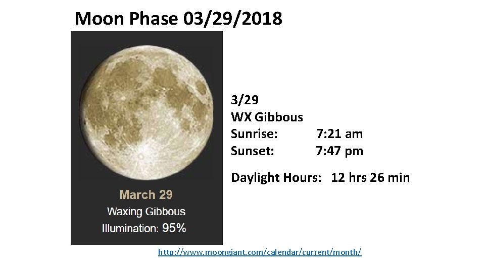Moon Phase 03/29/2018 3/29 WX Gibbous Sunrise: 7: 21 am Sunset: 7: 47 pm