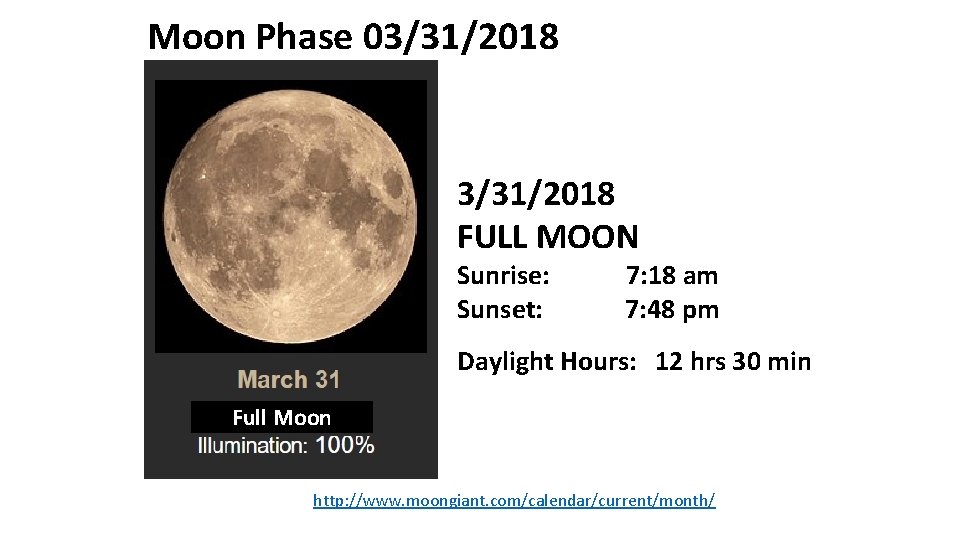 Moon Phase 03/31/2018 FULL MOON Sunrise: Sunset: 7: 18 am 7: 48 pm Daylight