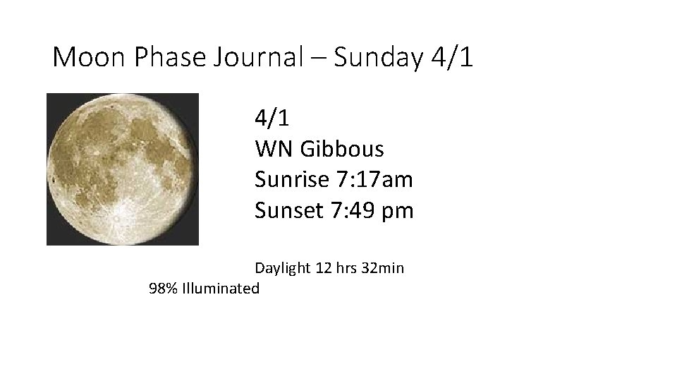 Moon Phase Journal – Sunday 4/1 WN Gibbous Sunrise 7: 17 am Sunset 7: