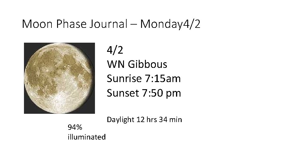 Moon Phase Journal – Monday 4/2 WN Gibbous Sunrise 7: 15 am Sunset 7: