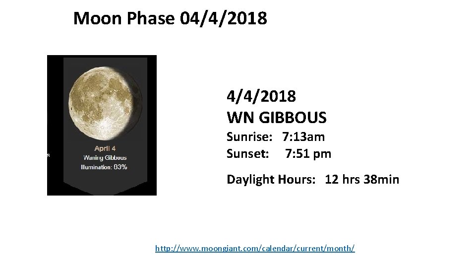 Moon Phase 04/4/2018 WN GIBBOUS Sunrise: 7: 13 am Sunset: 7: 51 pm Daylight