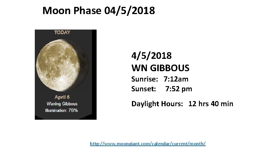 Moon Phase 04/5/2018 WN GIBBOUS Sunrise: 7: 12 am Sunset: 7: 52 pm Daylight
