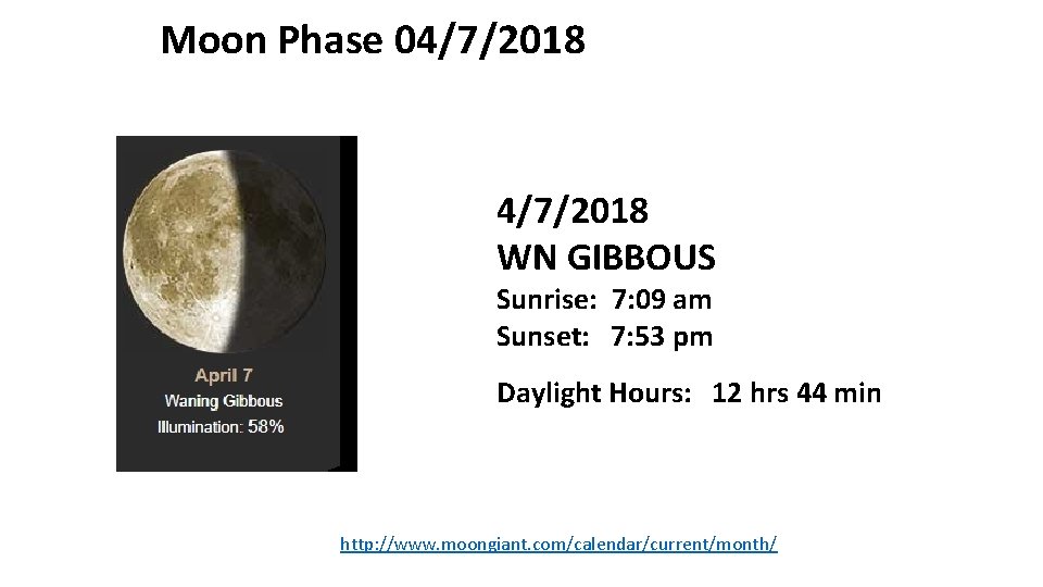 Moon Phase 04/7/2018 WN GIBBOUS Sunrise: 7: 09 am Sunset: 7: 53 pm Daylight