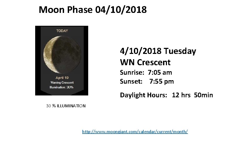 Moon Phase 04/10/2018 Tuesday WN Crescent Sunrise: 7: 05 am Sunset: 7: 55 pm