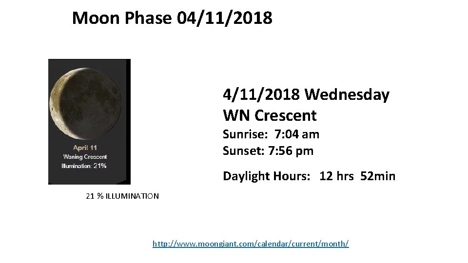 Moon Phase 04/11/2018 Wednesday WN Crescent Sunrise: 7: 04 am Sunset: 7: 56 pm