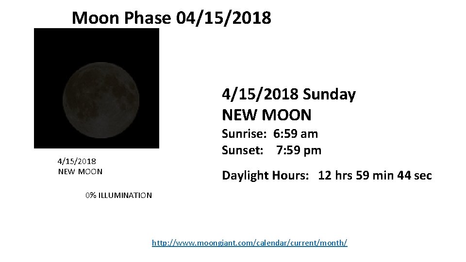 Moon Phase 04/15/2018 Sunday NEW MOON 4/15/2018 NEW MOON Sunrise: 6: 59 am Sunset: