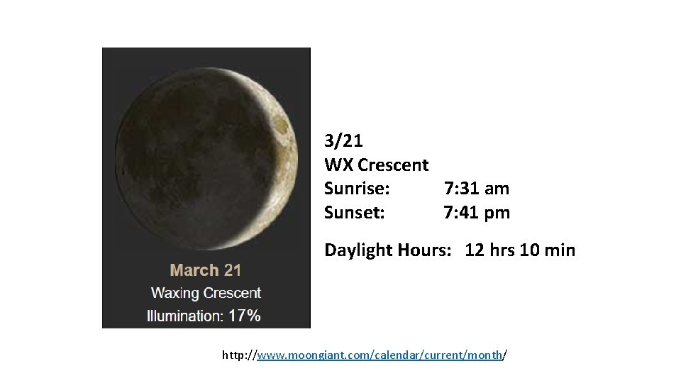 3/21 WX Crescent Sunrise: 7: 31 am Sunset: 7: 41 pm Daylight Hours: 12