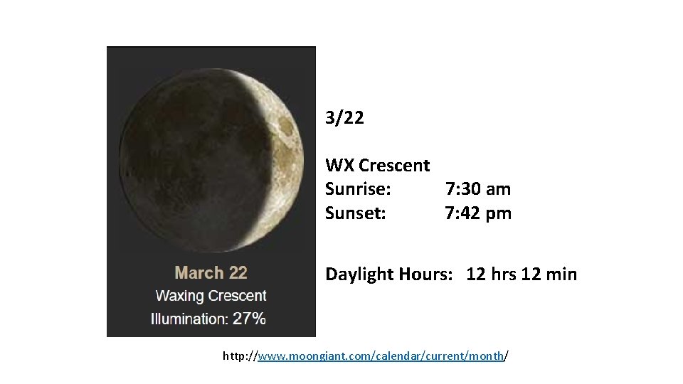 3/22 WX Crescent Sunrise: 7: 30 am Sunset: 7: 42 pm Daylight Hours: 12