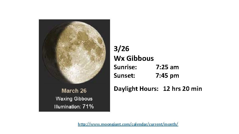 3/26 Wx Gibbous Sunrise: Sunset: 7: 25 am 7: 45 pm Daylight Hours: 12