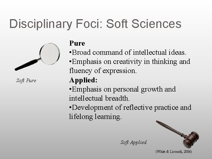 Disciplinary Foci: Soft Sciences Soft Pure • Broad command of intellectual ideas. • Emphasis