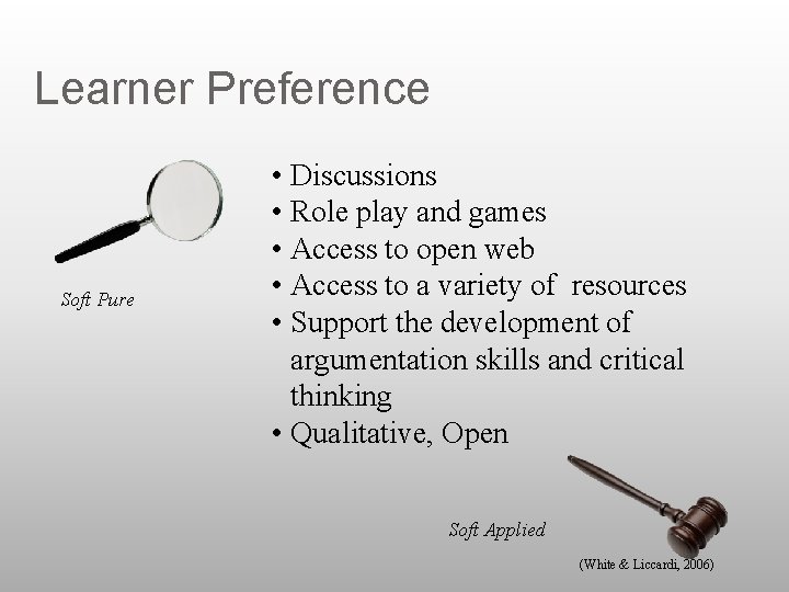 Learner Preference Soft Pure • Discussions • Role play and games • Access to