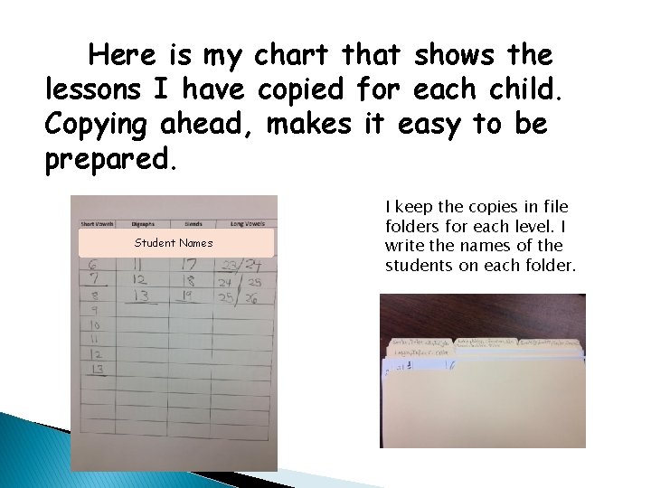 Here is my chart that shows the lessons I have copied for each child.