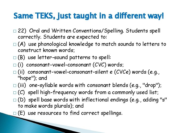 Same TEKS, just taught in a different way! 22) Oral and Written Conventions/Spelling. Students