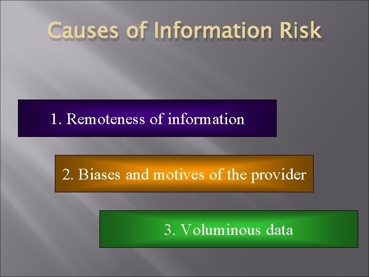 Causes of Information Risk 1. Remoteness of information 2. Biases and motives of the