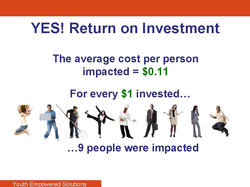 YES! Return on Investment The average cost person impacted = $0. 11 For every