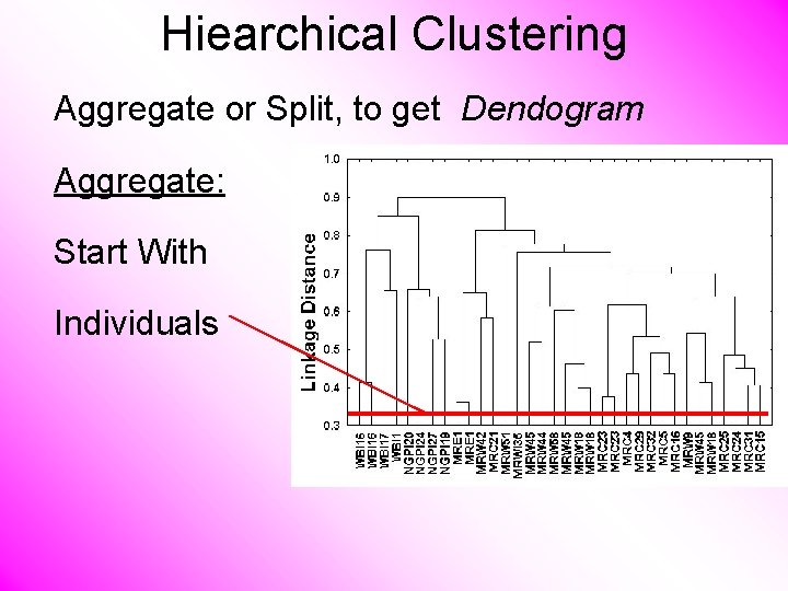 Hiearchical Clustering Aggregate or Split, to get Dendogram Aggregate: Start With Individuals 