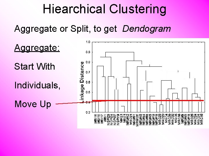 Hiearchical Clustering Aggregate or Split, to get Dendogram Aggregate: Start With Individuals, Move Up