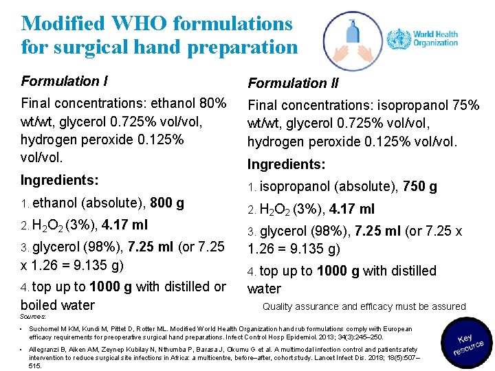 Modified WHO formulations for surgical hand preparation Formulation II Final concentrations: ethanol 80% wt/wt,