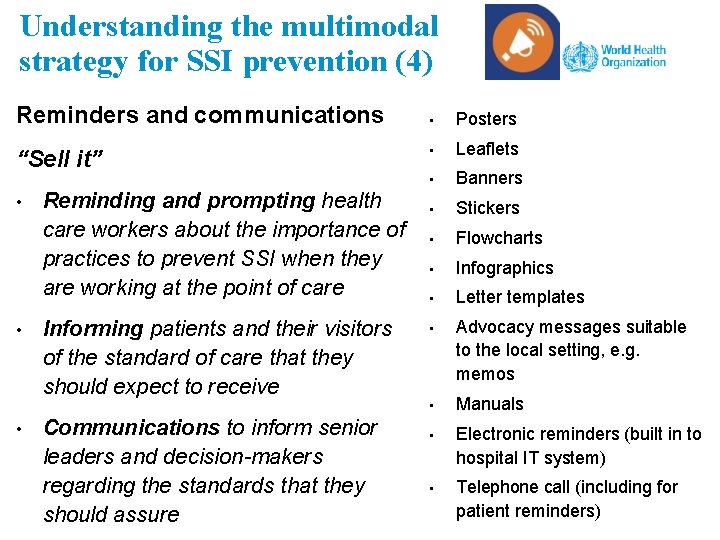 Understanding the multimodal strategy for SSI prevention (4) Reminders and communications “Sell it” •