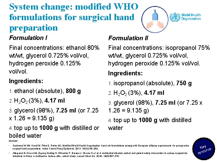 System change: modified WHO formulations for surgical hand preparation Formulation II Final concentrations: ethanol