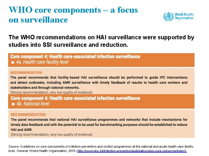 WHO core components – a focus on surveillance The WHO recommendations on HAI surveillance