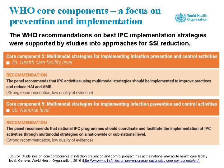 WHO core components – a focus on prevention and implementation The WHO recommendations on