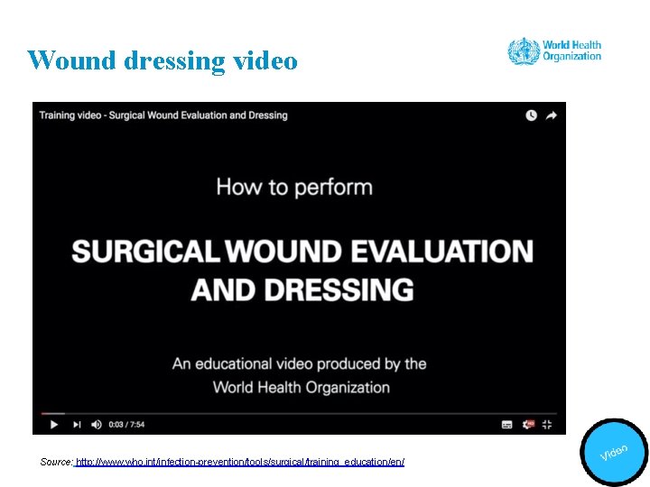 Wound dressing video Source: http: //www. who. int/infection-prevention/tools/surgical/training_education/en/ 