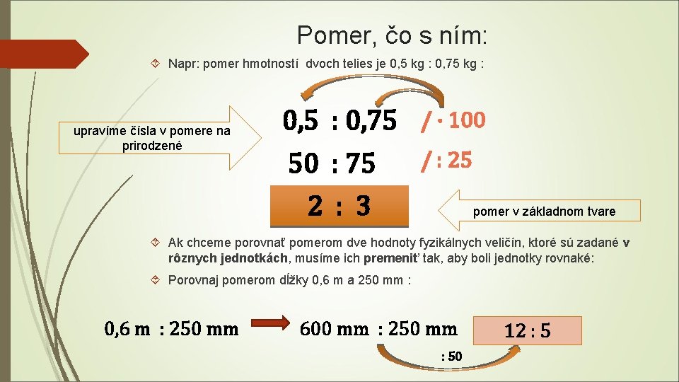 Pomer, čo s ním: Napr: pomer hmotností dvoch telies je 0, 5 kg :