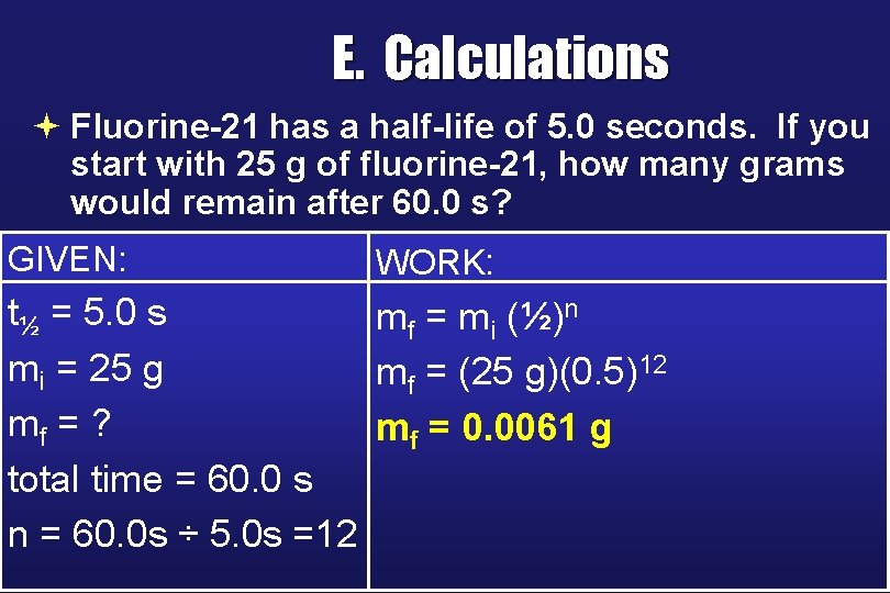 E. Calculations ª Fluorine-21 has a half-life of 5. 0 seconds. If you start