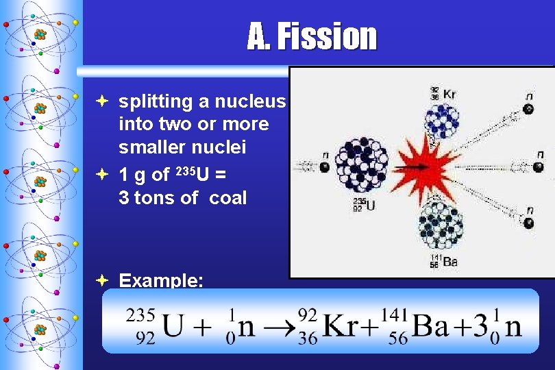 A. F ission ª splitting a nucleus into two or more smaller nuclei ª