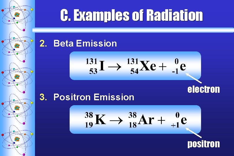 C. Examples of Radiation 2. Beta Emission 3. Positron Emission electron positron C. Examples of Radiation 2. Beta Emission 3. Positron Emission electron positron
