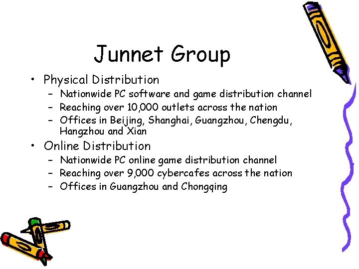 Junnet Group • Physical Distribution – Nationwide PC software and game distribution channel –