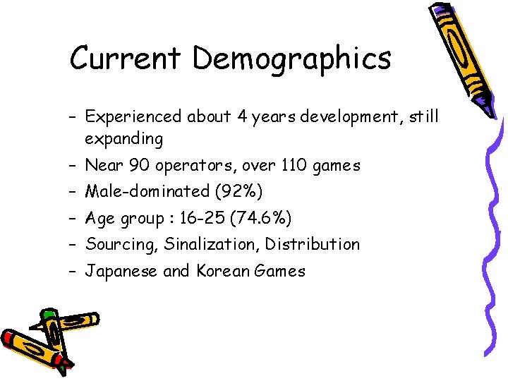 Current Demographics – Experienced about 4 years development, still expanding – Near 90 operators,