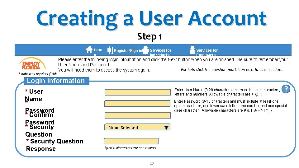 Creating a User Account Step 1 Hom e ] Register/Sign in Services for Individuals