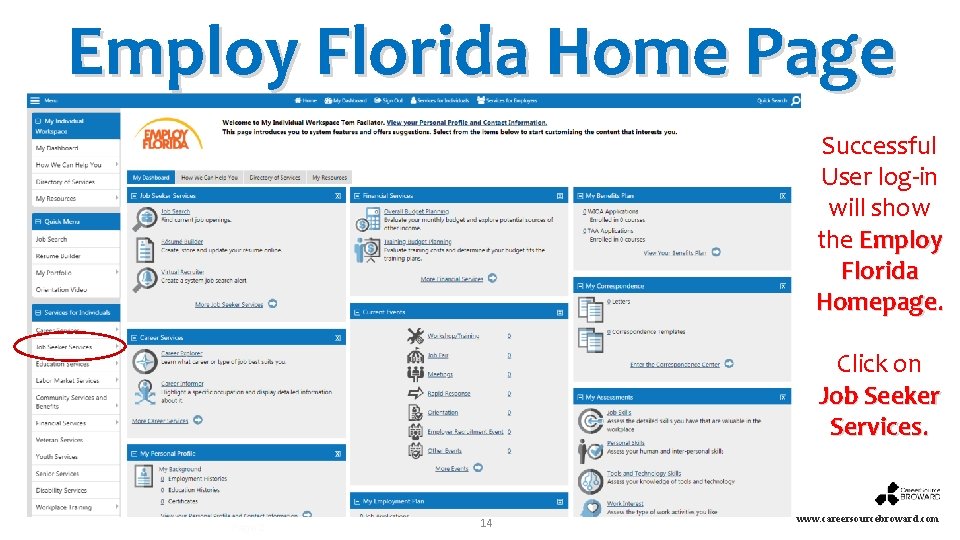 Employ Florida Home Page Successful User log-in will show the Employ Florida Homepage. Click