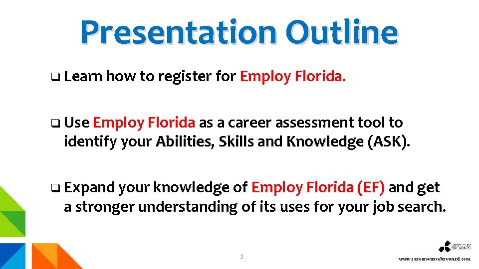 Presentation Outline q Learn how to register for Employ Florida. q Use Employ Florida