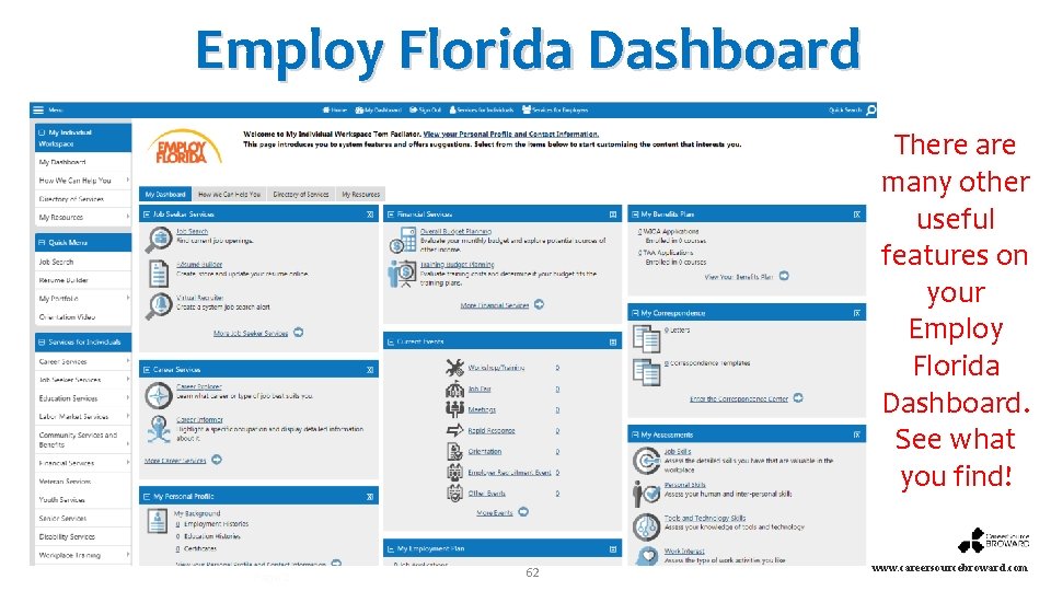 Employ Florida Dashboard There are many other useful features on your Employ Florida Dashboard.