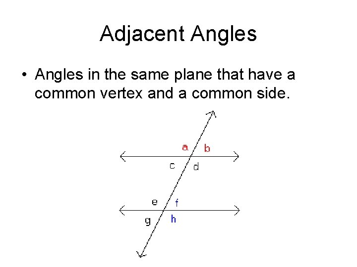 Adjacent Angles • Angles in the same plane that have a common vertex and