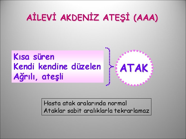 AİLEVİ AKDENİZ ATEŞİ (AAA) Kısa süren Kendi kendine düzelen Ağrılı, ateşli ATAK Hasta atak