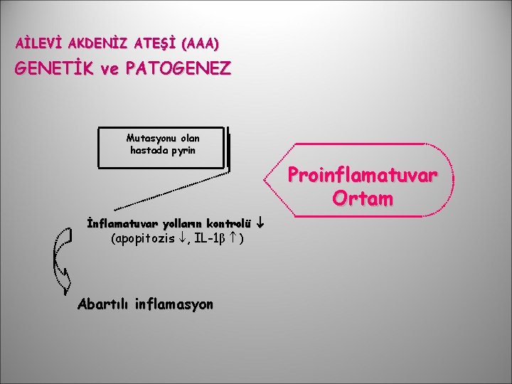 AİLEVİ AKDENİZ ATEŞİ (AAA) GENETİK ve PATOGENEZ Mutasyonu olan hastada pyrin Proinflamatuvar Ortam İnflamatuvar