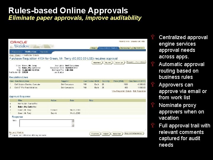 Rules-based Online Approvals Eliminate paper approvals, improve auditability Ÿ Centralized approval engine services approval
